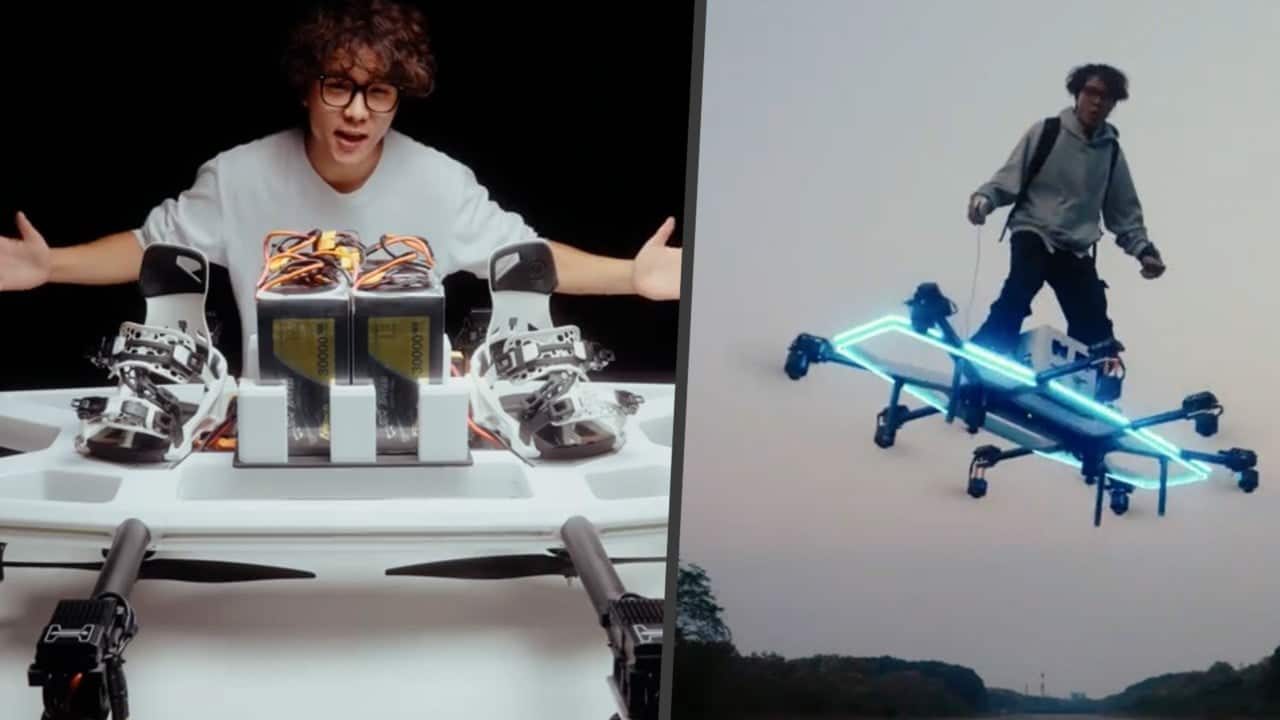 Chinese influencer pilots homemade hoverboard over mountains and river