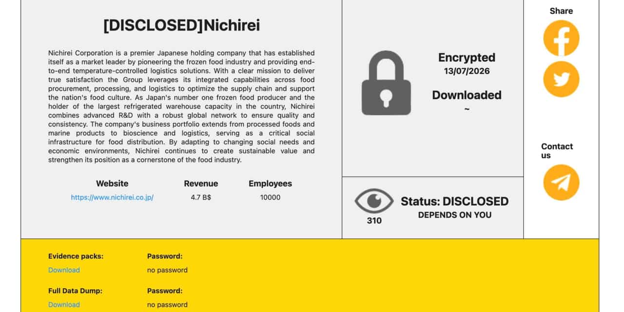 Hacker group posts data stolen from Japan's Nichirei