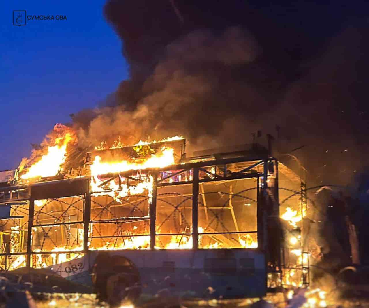 Russian bomb strike destroys trolleybus near Sumy, driver hospitalized