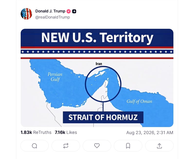 Trump posts map labeling Strait of Hormuz 'new US territory'