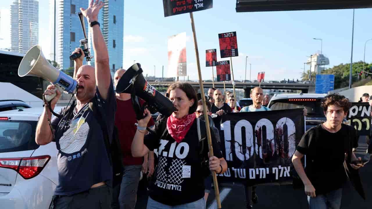 Israeli protesters rally in Tel Aviv marking 1,000 days since Oct. 7 attack