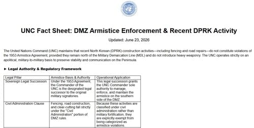 UNC says N. Korea border measures don't violate Armistice Agreement