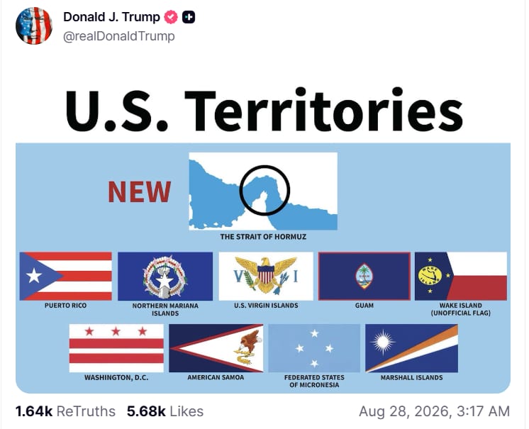 Trump posts map labeling Strait of Hormuz 'new US territory'